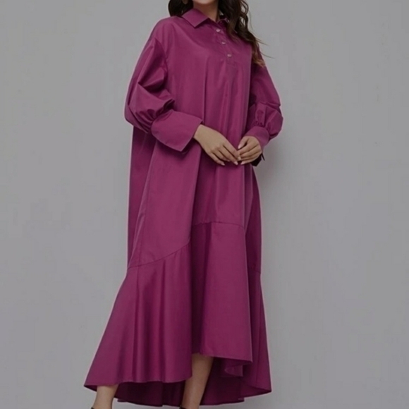 Shein Lantern Sleeve Asymmetrical Ruffle Hem Half Button Placket Dress - Picture 2 of 14